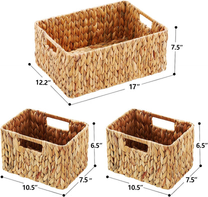 HOONEX Water Hyacinth Storage Baskets, Wicker Baskets for Storage, Hand Woven Baskets with Carry Handles, Set of 2, Natural