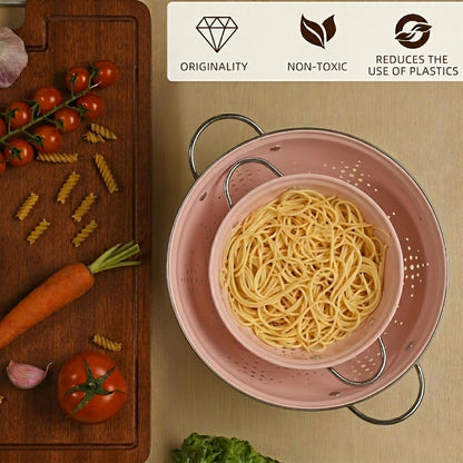 Metal Colander 2 Pack, Strainer Bowel with Handles 2Qt & 6Qt Powder Coated Solid Ring Base Heavey Duty Kitchen Drainer Basket for Pasta Veggies and Fruits,New Home Apartment Essentials (Almond Cream)