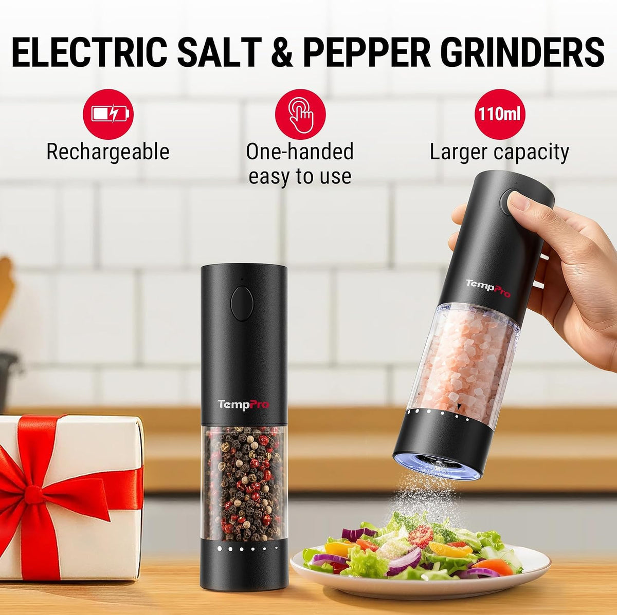 TempPro Rechargeable Electric Salt and Pepper Mill Set with Large Capacity