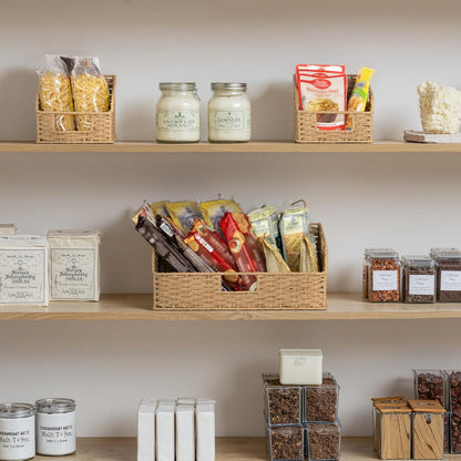 StorageWorks Water Hyacinth Pantry Storage Baskets, Wicker Baskets with Built-in Handles, Handwoven Shelf Baskets for Organizing, Pantry Organizers and Storage, 3 Pack
