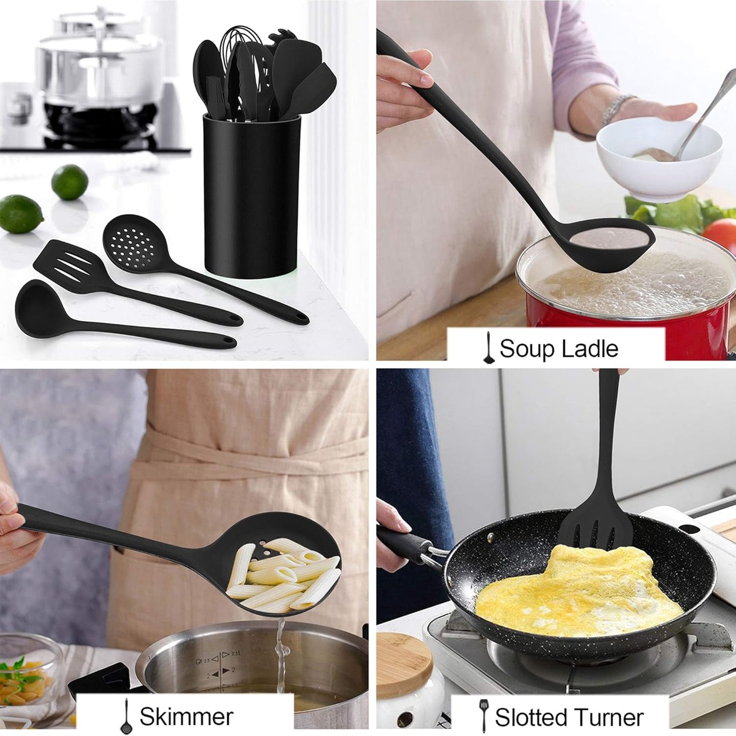LIANYU 12-Piece Silicone Kitchen Cooking Utensils Set with Holder, Kitchen Tools Include Slotted Spatula Spoon Turner Ladle Tong Whisk, Dishwasher Safe, Dark Blue