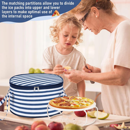Pickmesh Round Pie Carrier 12 x 7 Inch Insulated Casserole Carriers with Lid and Detachable Handle for Hot or Cold Food Cake Transport Thanksgiving Christmas Gift(Cyan White Zigzag)