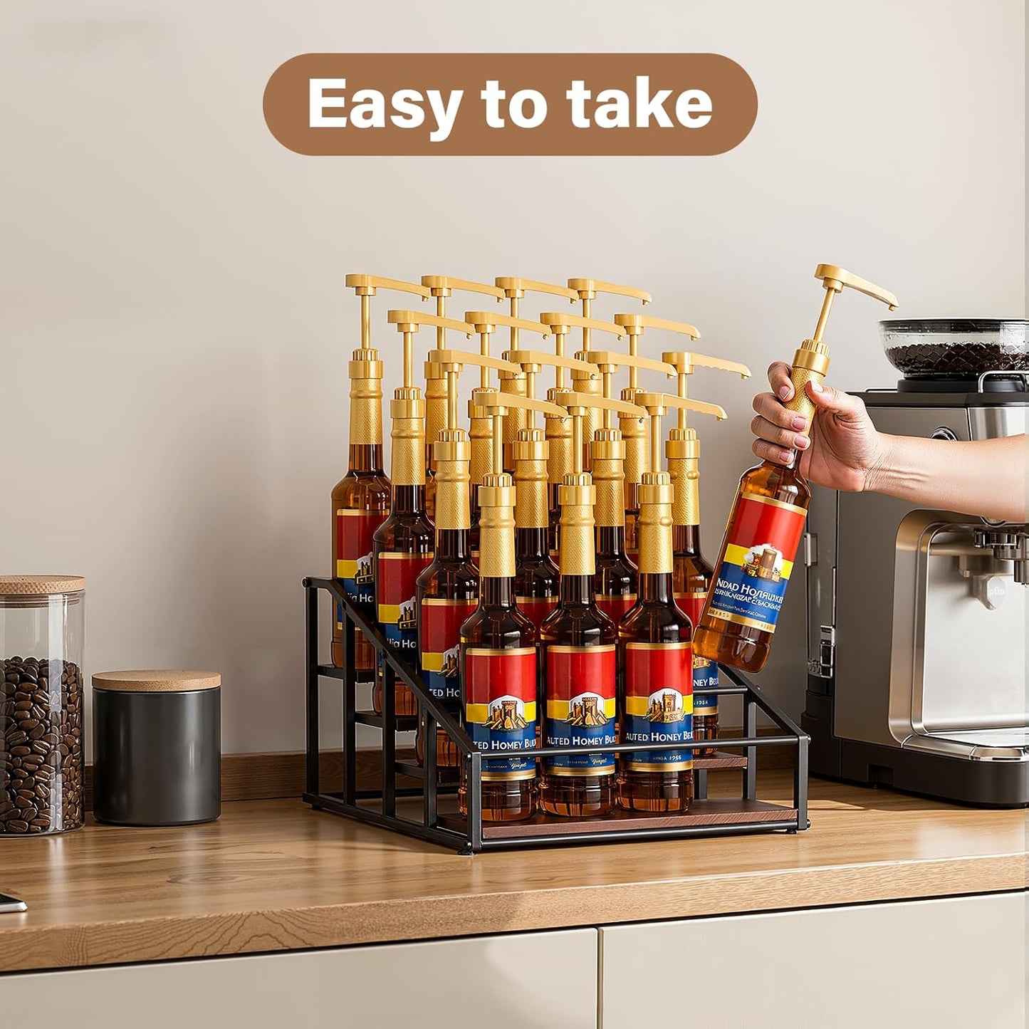 kimilus Coffee Syrup Organizer Rack, Liquor Bottle Display Shelf, 2 Tier 10 Syrup Bottles Holder Stand for Coffee Bar Kitchen Small Wine Rack for Family Storage for Syrup Wine Dressing