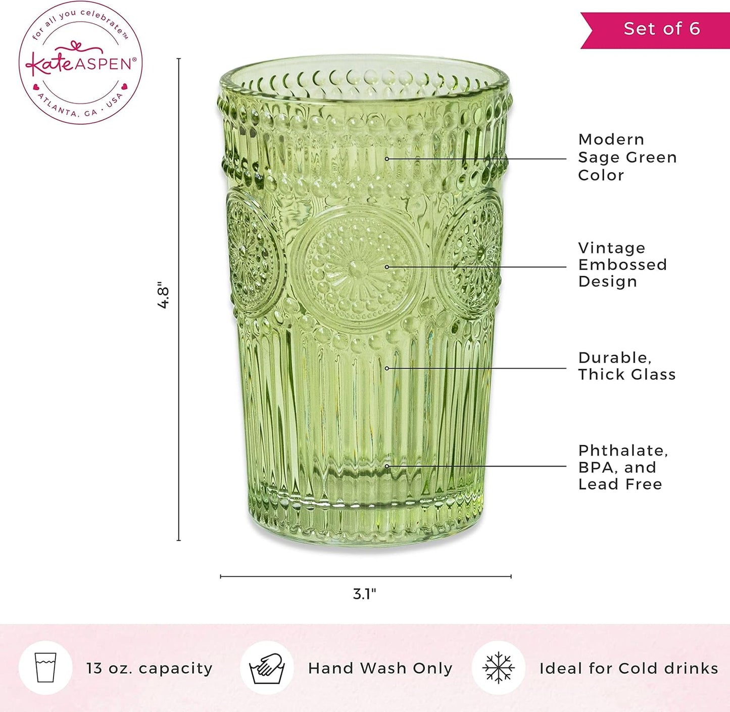 Kate Aspen Vintage Textured Aqua Blue Striped Drinking Glasses Set of 6-13 oz Ribbed Glassware with Flower Design | Cocktail Set, Juice Glass, Water Tumbler