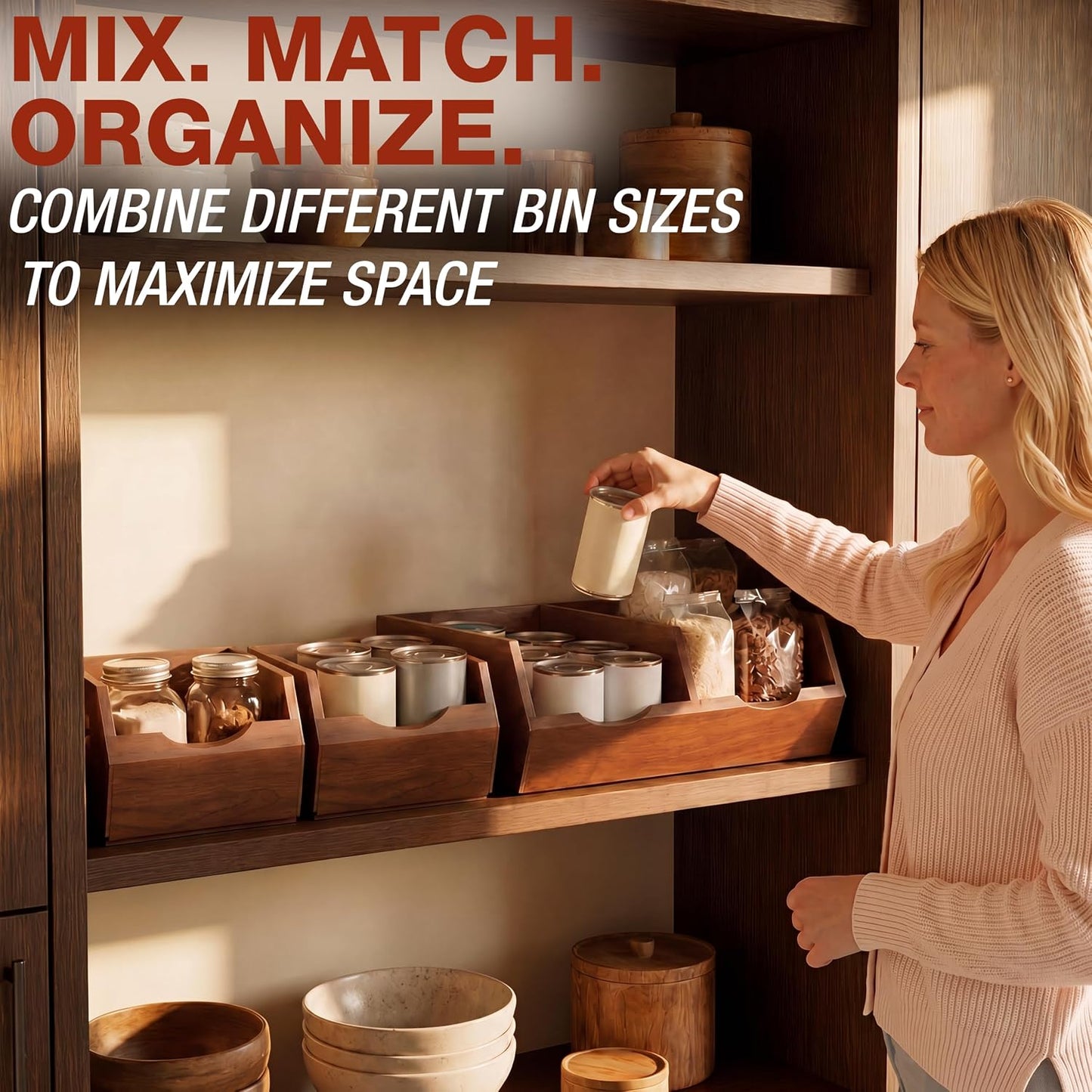 HOMESTEAD Stackable Solid Wood Storage Bins for Kitchen Pantry & Countertop, Ventilated Potato and Onion Basket Organizer with Handles, Wooden Produce Storage Containers, 3-Pack, Chestnut Finish