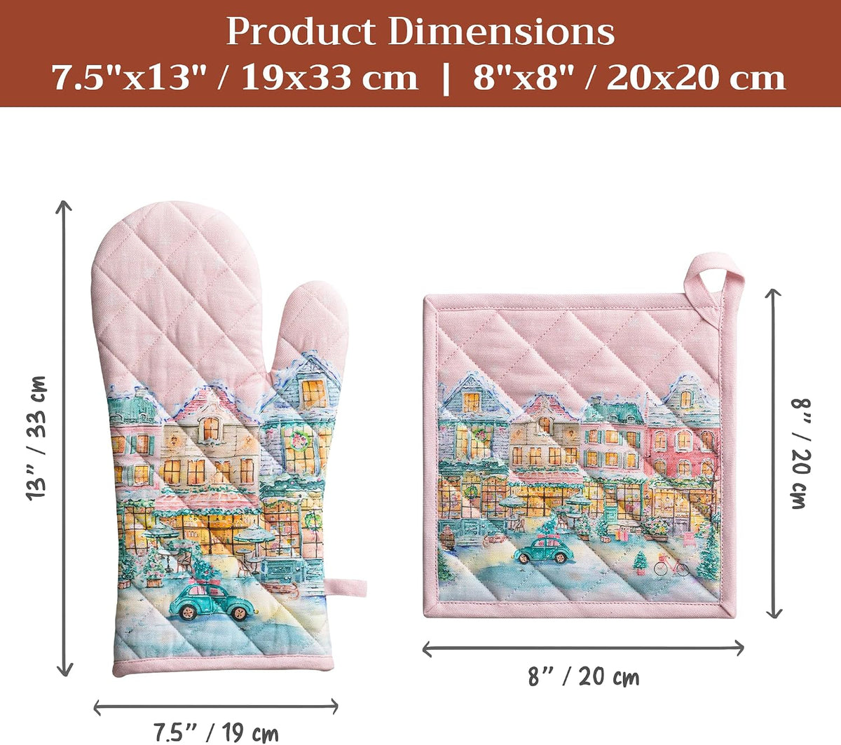 Maison d' Hermine 100% Cotton Oven Mitt & Pot Holder Set (7.5"x13" & 8"x8") - Colors C