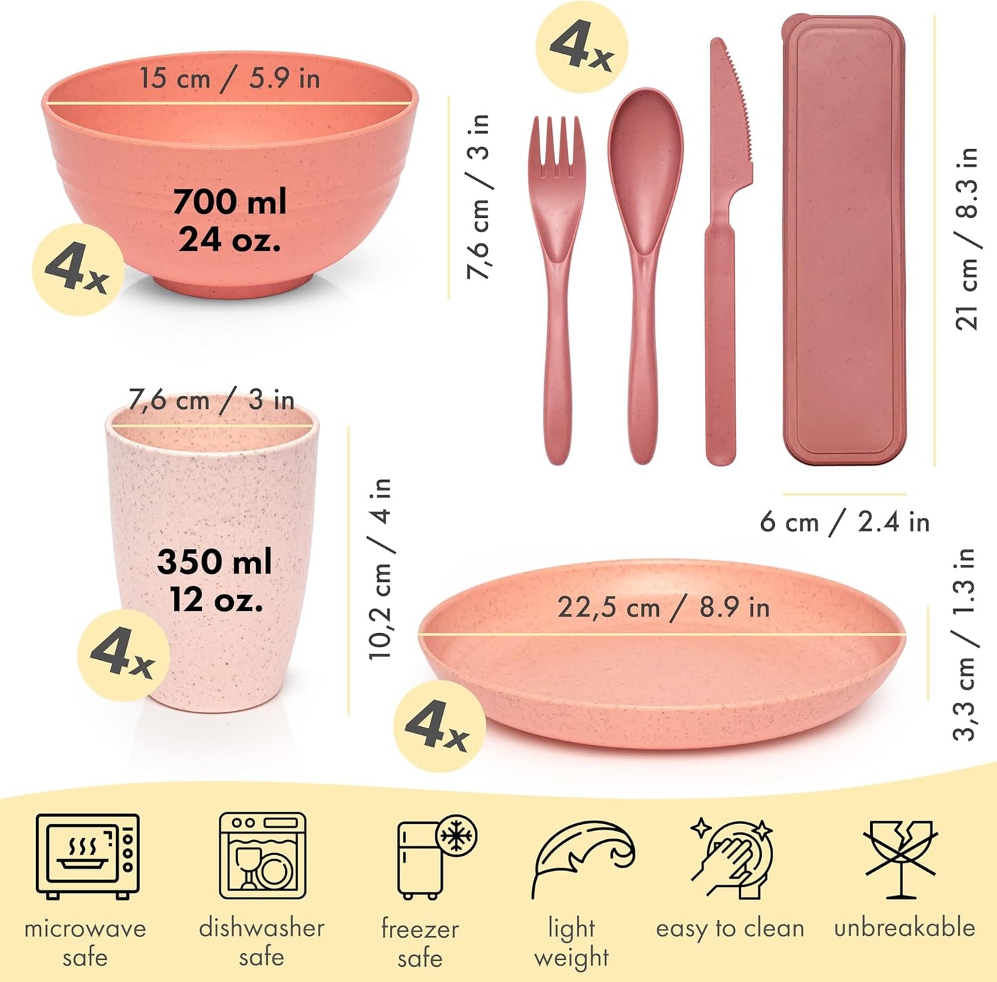 FOODLE Wheat Straw Dinnerware Set - BPA Free & Safety Tested - Microwave & Dishwasher Safe Dishes - Perfect for Camping, Picnic, RV, Dorm - Plates, Cups and Bowls - Great for Kids & Adults - For 4