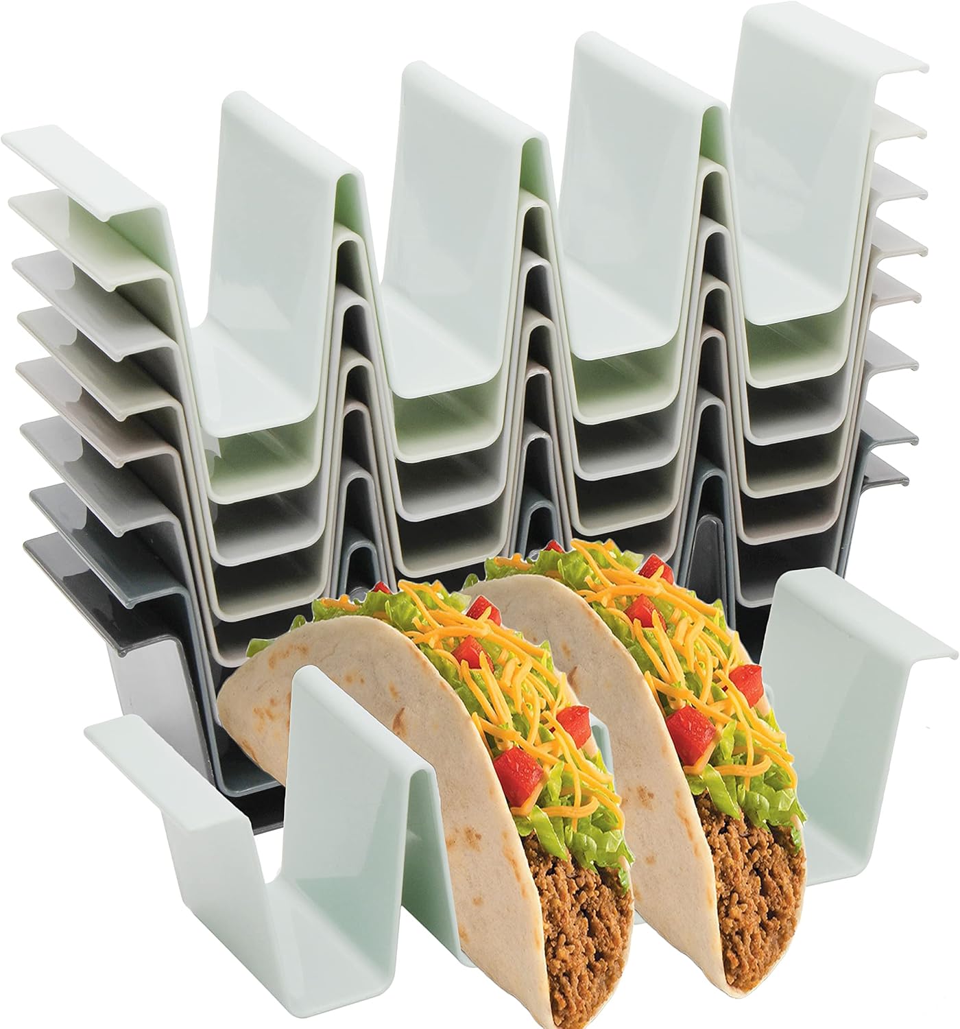 Youngever 8 Pack Plastic Taco Holder Stand, Dishwasher Top Rack Safe, Microwave Safe, Set of 8 Assorted Colors (Coastal)