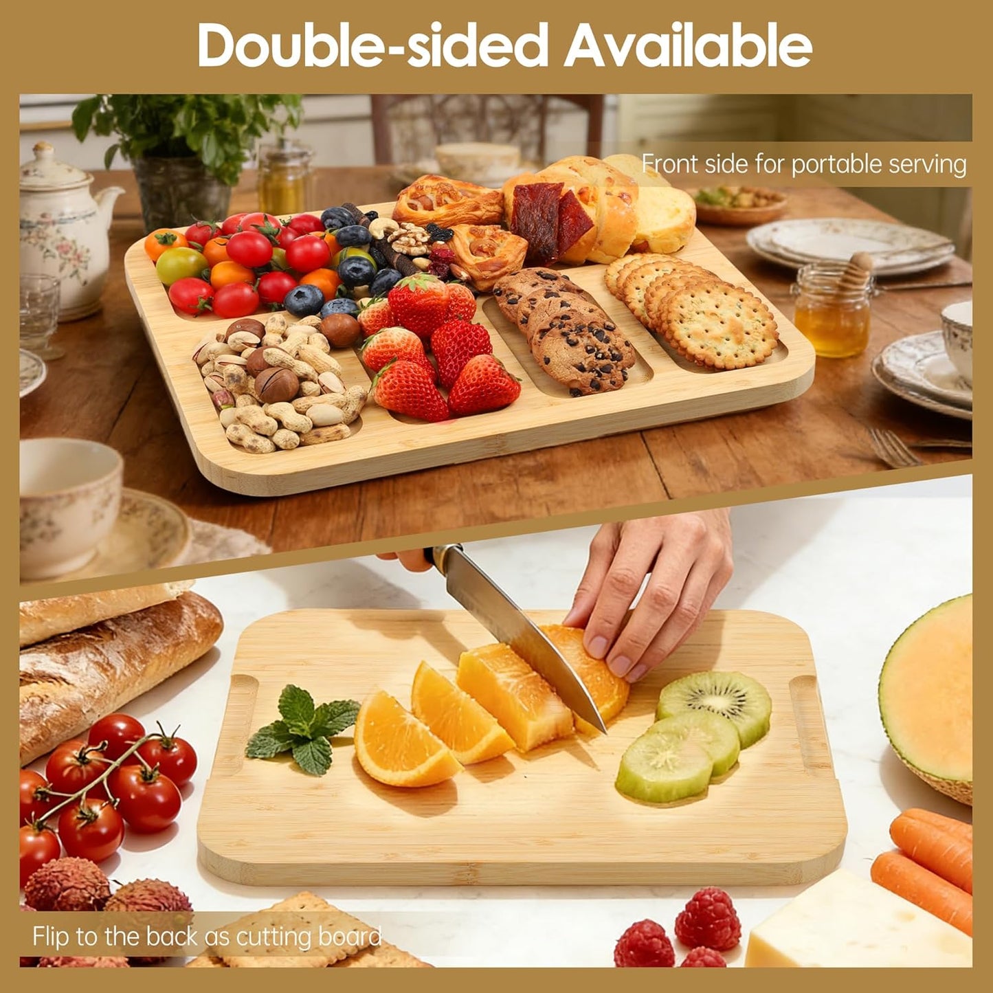 Kochorie 10 Pieces Portable Bamboo Cheese Board Set Charcuterie Board with Lid and Handle, Knife Set Meat Fruit Serving Tray Platter for Travel Picnic Kitchen House Warming Gifts (Rectangular)