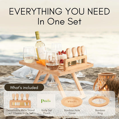 Charcuterie Picnic Table with Wine Glass Holder, Portable Wine & Cheese Board, 4-Piece Cheese Knife Set (Gold) w/Detachable Knife Stand, Bamboo Charcuterie Table, Hosting & Wine Gift