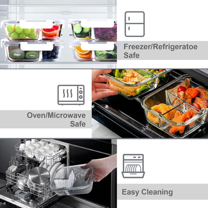 VERONES 5 Pack Glass Meal Prep Containers 3 Compartment Set, 36OZ Airtight Glass Lunch Containers, Glass Food Storage Containers with Lids, for Microwave, Oven, Freezer & Dishwasher Friendly,Green