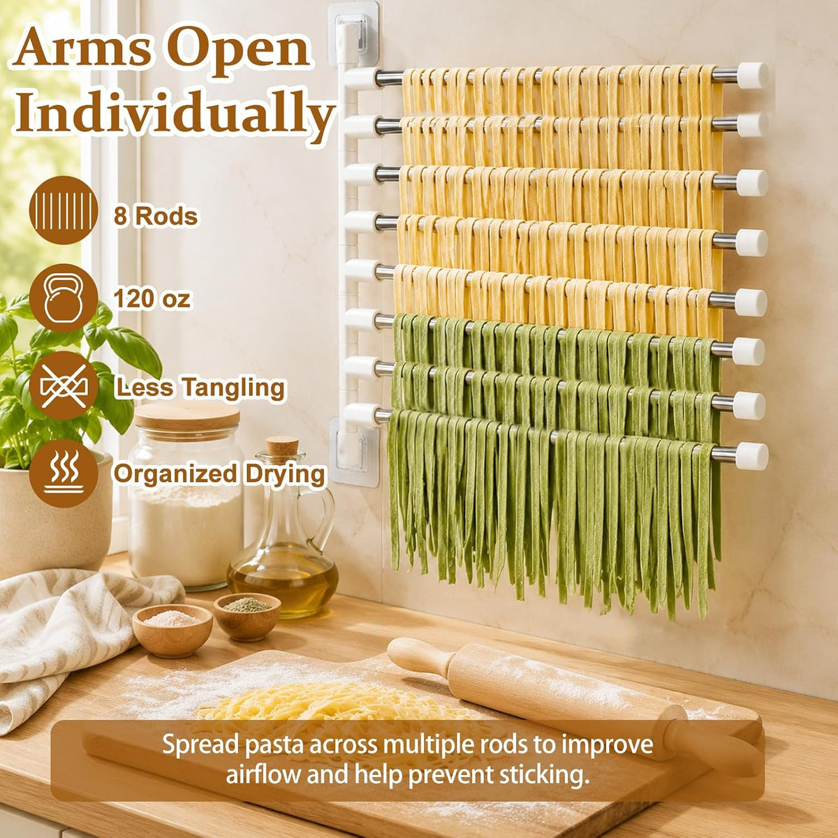 8-Tier Foldable Wall Mounted Noodle Dryer Stand, 180° Swivel