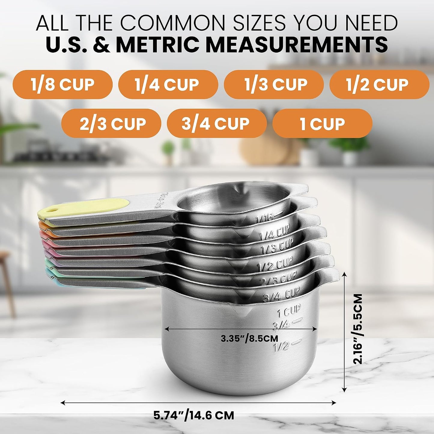 Spring Chef Stainless Steel Measuring Cups Set of 7 with Pour Spout - Nesting Kitchen Tools with Easy Read Markings to Measure Dry or Liquid Ingredients - Metal Measuring Cups for Baking & Cooking