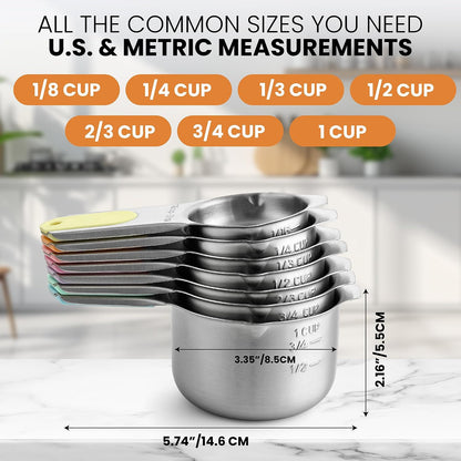 Spring Chef Stainless Steel Measuring Cups Set of 7 with Pour Spout - Nesting Kitchen Tools with Easy Read Markings to Measure Dry or Liquid Ingredients - Metal Measuring Cups for Baking & Cooking