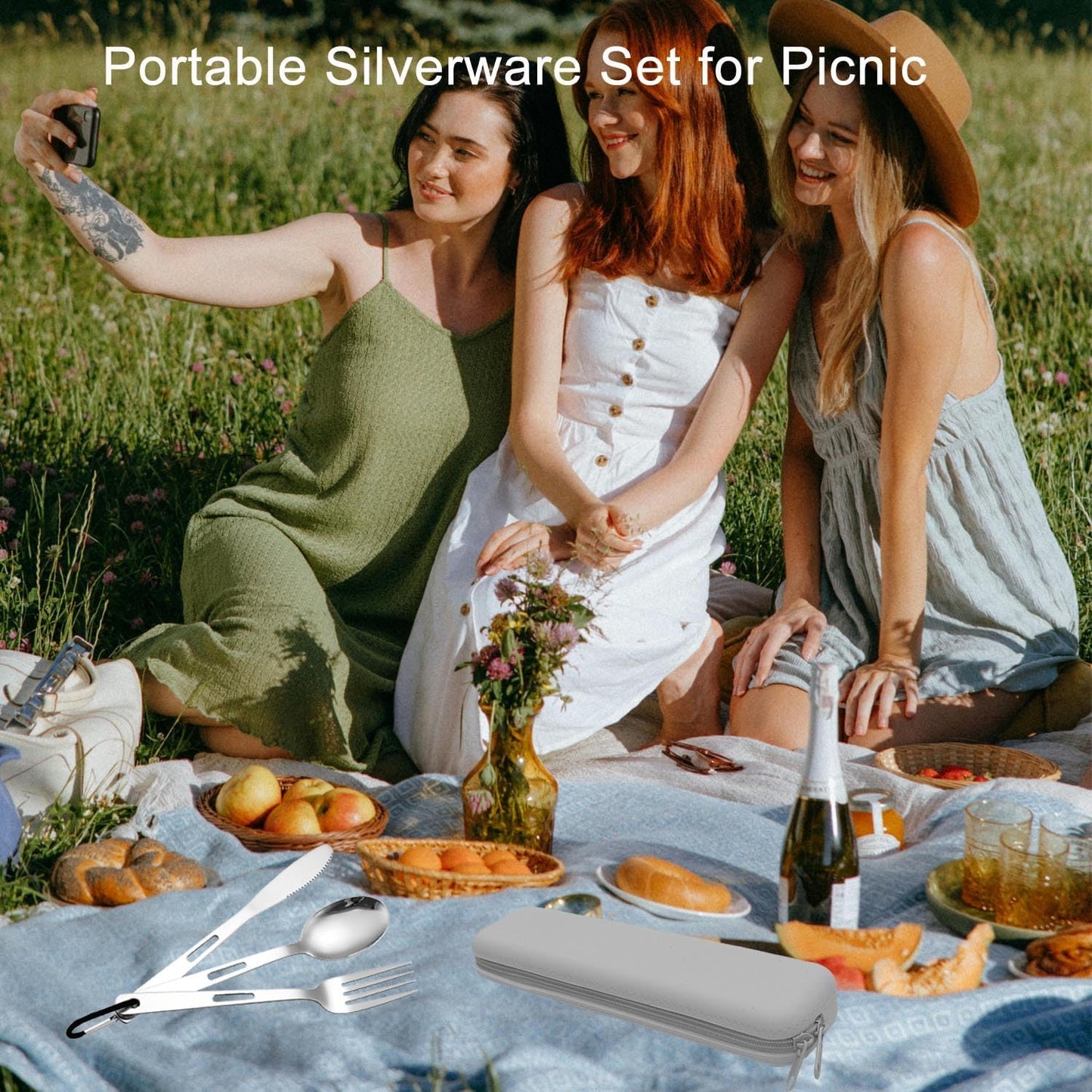 Travel Utensils Set with Silicone Case, Stainless Steel Silverware Set for Work Lunch Camping Picnic, Portable Cutlery Set on the Go, Easy to Clean (Grey)
