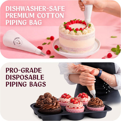 Premium Reusable Piping Bags and Tips Set - Cotton Pastry Bag 16" with 8 Large Icing Tips for Cake Decorating - Large Piping Tips Set - Dishwasher Safe