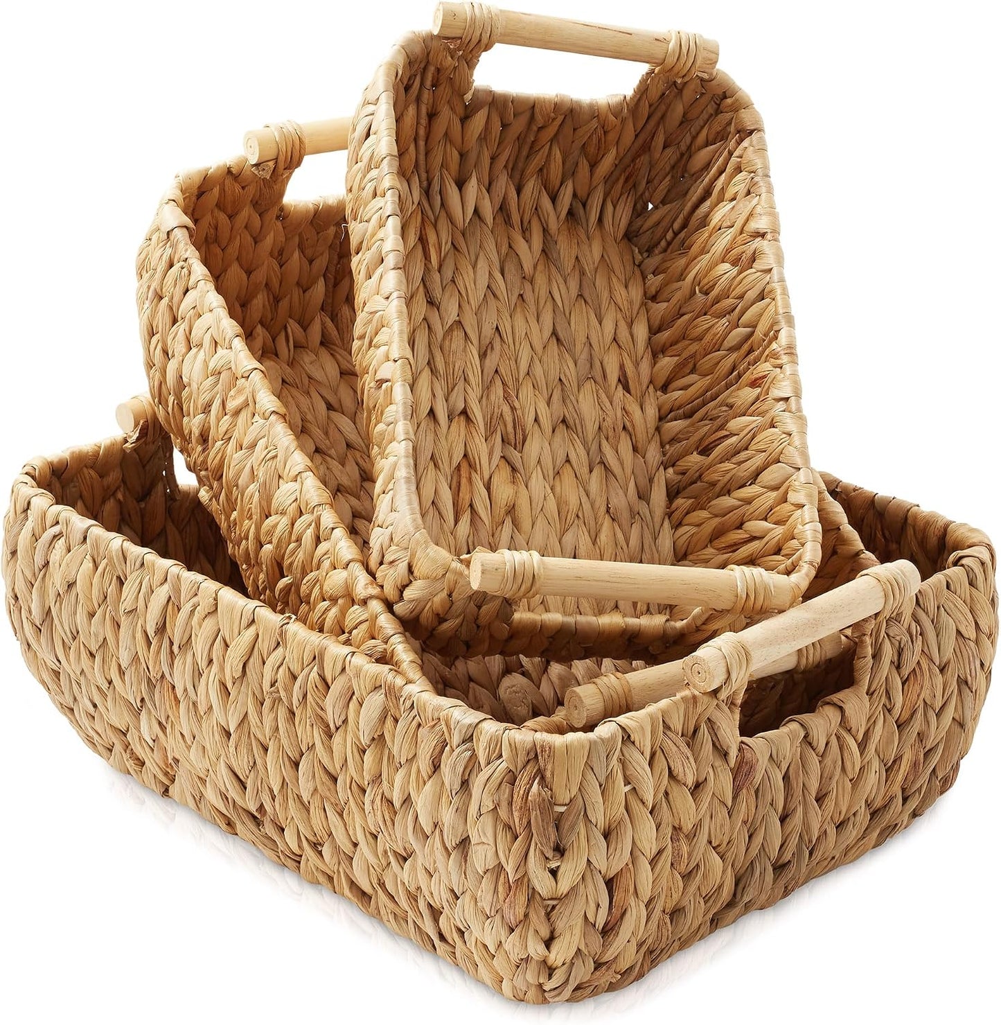 Casafield Set of 2 Water Hyacinth Oval Storage Baskets with Wooden Handles - Medium, Woven Bin Organizers