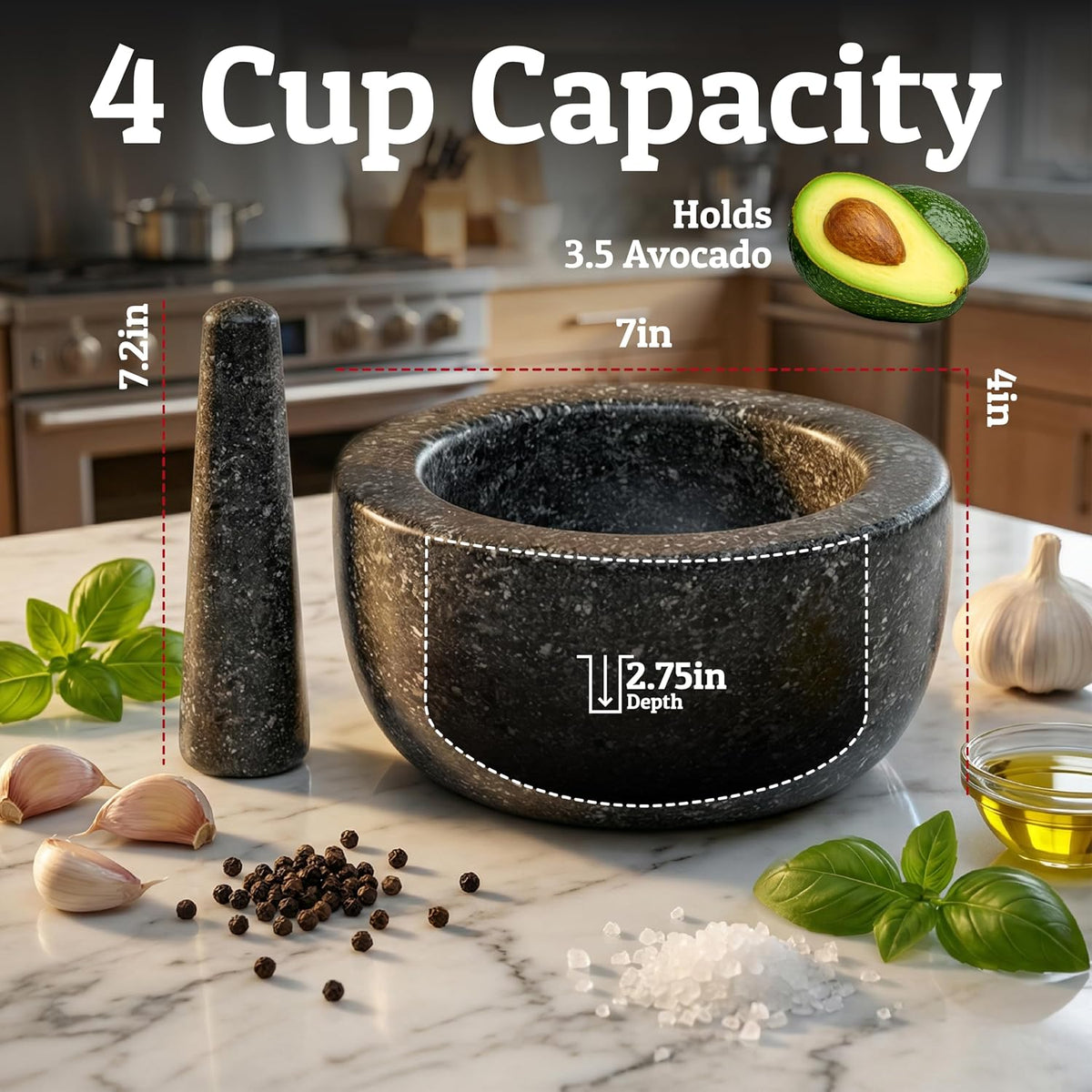 Priority Chef Heavy Duty Large 1.5 Cup Mortar and Pestle Set, 100% Natural Granite, 5.5 Inch Diameter Bowl, 6.2 Inch Pestle, Non-Slip Base, Stone Grinder for Guacamole Salsa Pesto Herbs Spices, Black