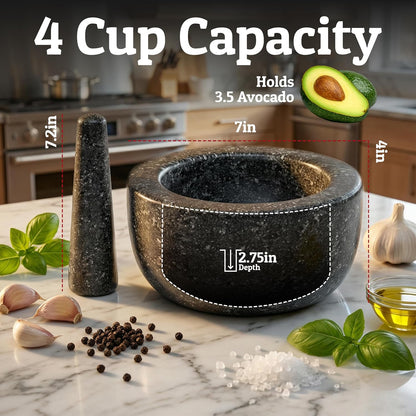 Priority Chef Heavy Duty Large 1.5 Cup Mortar and Pestle Set, 100% Natural Granite, 5.5 Inch Diameter Bowl, 6.2 Inch Pestle, Non-Slip Base, Stone Grinder for Guacamole Salsa Pesto Herbs Spices, Black