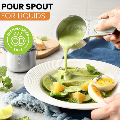 Spring Chef Stainless Steel Measuring Cups Set of 7 with Pour Spout - Nesting Kitchen Tools with Easy Read Markings to Measure Dry or Liquid Ingredients - Metal Measuring Cups for Baking & Cooking
