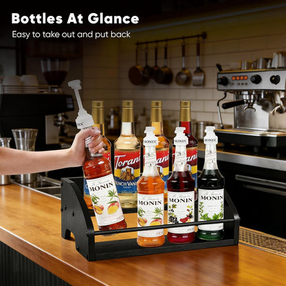 Countertop Liquor Bottle Organizer Shelf, 3-Tier | Rustic Display Rack, For Wine & Coffee Syrups, Freestanding Bar and Kitchen Storage, Easy-Carry Handles