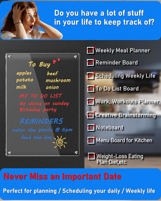 Magnetic Menu Board for Kitchen, Clear Acrylic Weekly Meal Planner Magnetic Calendar for Refrigerator Fridge Dry Erase Board Noteboard to Do Grocery Shopping List, 12x8’’