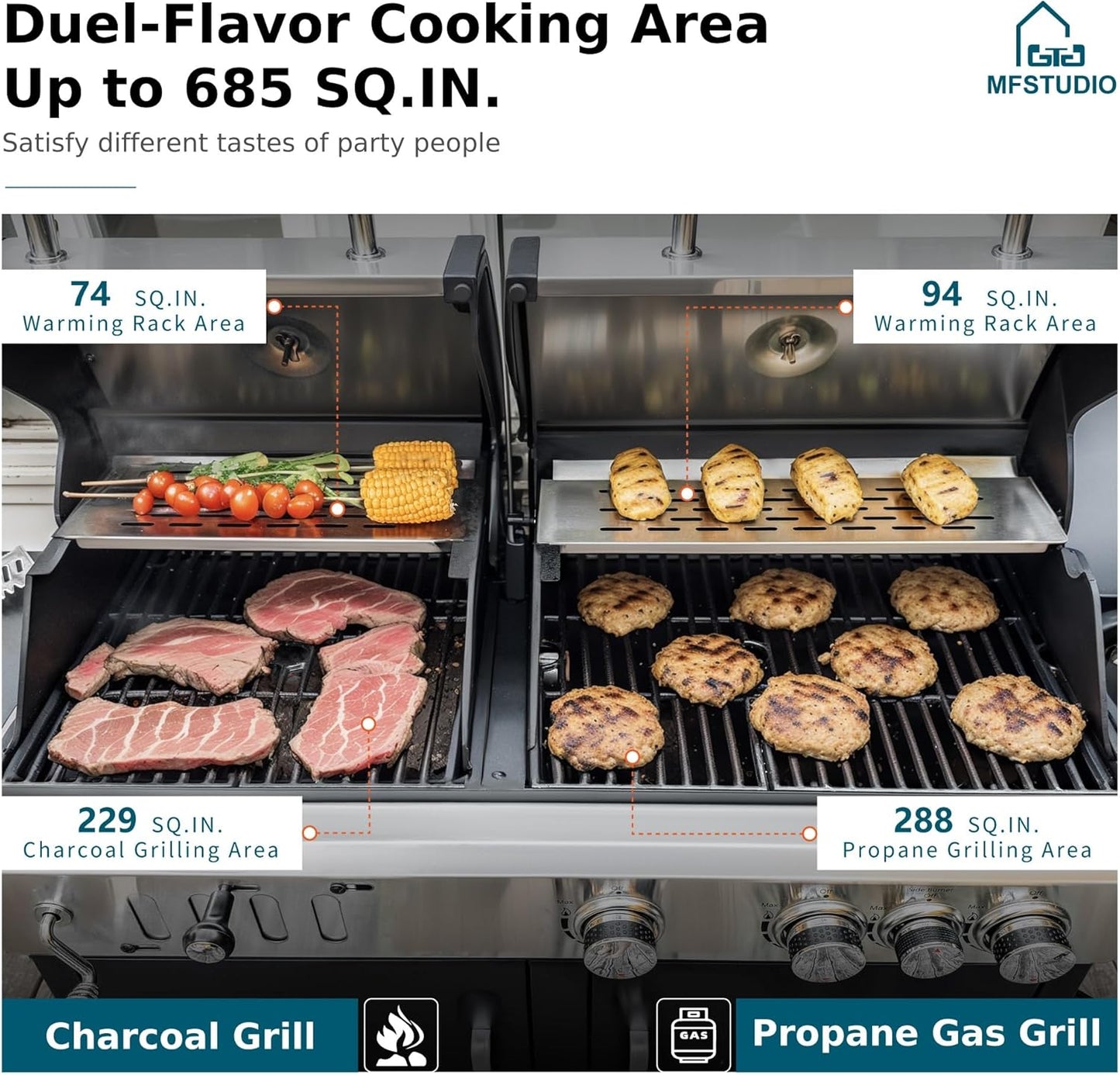 MFSTUDIO 5 Burner Gas Grill Griddle Combo with Porcelain-Enameled Cast Iron Grates,Cutting Board and Double Lids, Duel-Function Propane BBQ Grills with Flat Top Grddle for Outdoor Barbecue Cooking