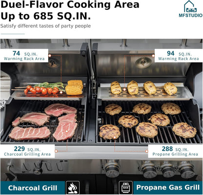 MFSTUDIO 5 Burner Gas Grill Griddle Combo with Porcelain-Enameled Cast Iron Grates,Cutting Board and Double Lids, Duel-Function Propane BBQ Grills with Flat Top Grddle for Outdoor Barbecue Cooking