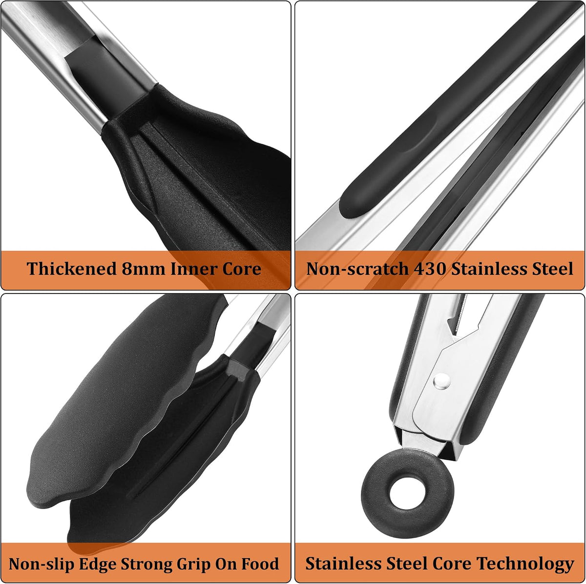 Kitchen Tongs with Silicone Tips, 9" & 12" Silicone Tongs for Cooking
