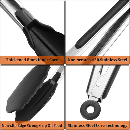 Kitchen Tongs with Silicone Tips, 9" & 12" Silicone Tongs for Cooking