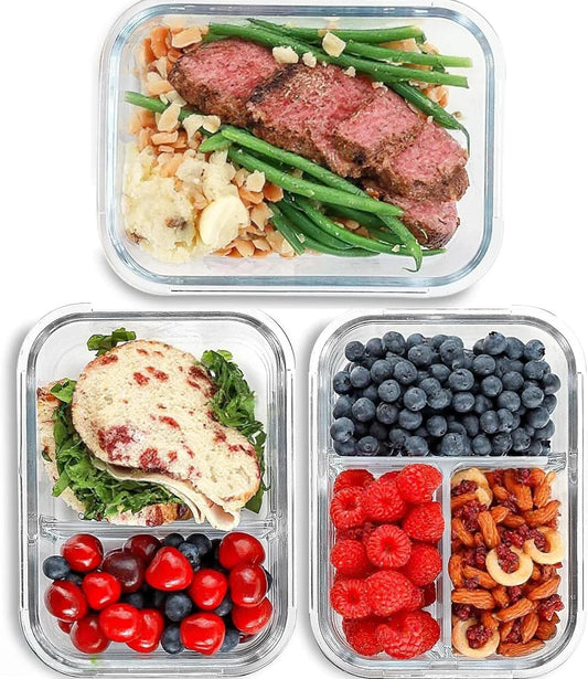 Glass Food Storage Containers with Lids, Compartment Meal Prep Containers, Airtight Leak Proof, Oven and Freezer Safe, Rectangular