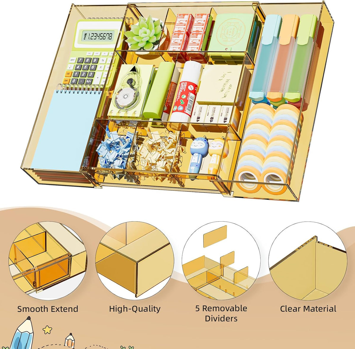 Marbrasse Expandable Desk Drawer Organizer, Clear Plastic Drawer Organizer Tray with 10 Adjustable Compartments, Desk Organizers and Accessories, 5 Drawer Dividers for Office Supplies, Makeup(Clear)