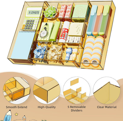 Marbrasse Expandable Desk Drawer Organizer, Clear Plastic Drawer Organizer Tray with 10 Adjustable Compartments, Desk Organizers and Accessories, 5 Drawer Dividers for Office Supplies, Makeup(Clear)
