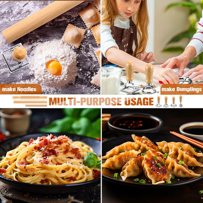 9 Pcs Gnocchi Pasta Making Tools kit - Gnocchi Board, Pasta Cutter, Ravioli Stamp, Wood Threaded Pasta Roller Pin Set, Noodle and Dumplings Maker, Homemade Kitchen Gift for Pasta Lovers