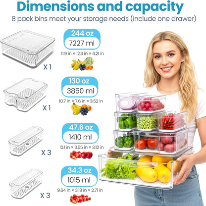 SMRCAD 8 Pack Refrigerator Organizers, Clear Pull-out Drawer Container and Organizer Bins with Lids, Stackable Storage Containers for Fruits, Vegetable (Set of 8 (Include Pull Out Drawer))