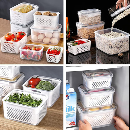 3Pack Fridge Food Storage Container Set with Lids with Strainer,Plastic Fresh Produce Saver Vegetable Fruit Meat Storage Organization, BPA-Free Plastic Produce Keepers(3.15L+1.7L+0.8L)
