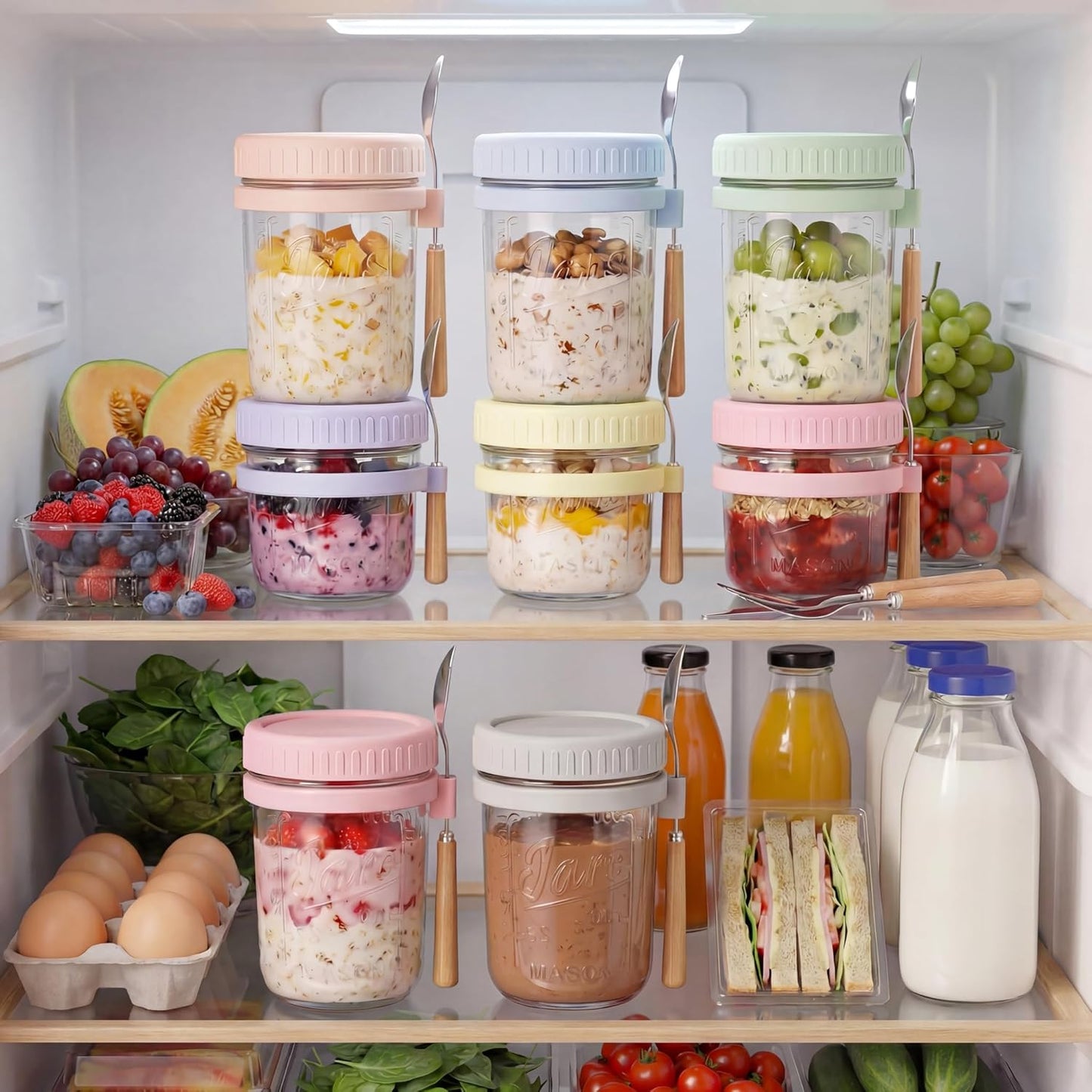 HomArtist 16oz Overnight Oats Containers with Lids and Spoons, 4 Pack Wide Mouth Mason Jars with Airtight Lids, Overnight Oats Jars for Salad, Chia Seed, Cereal, Yogurt