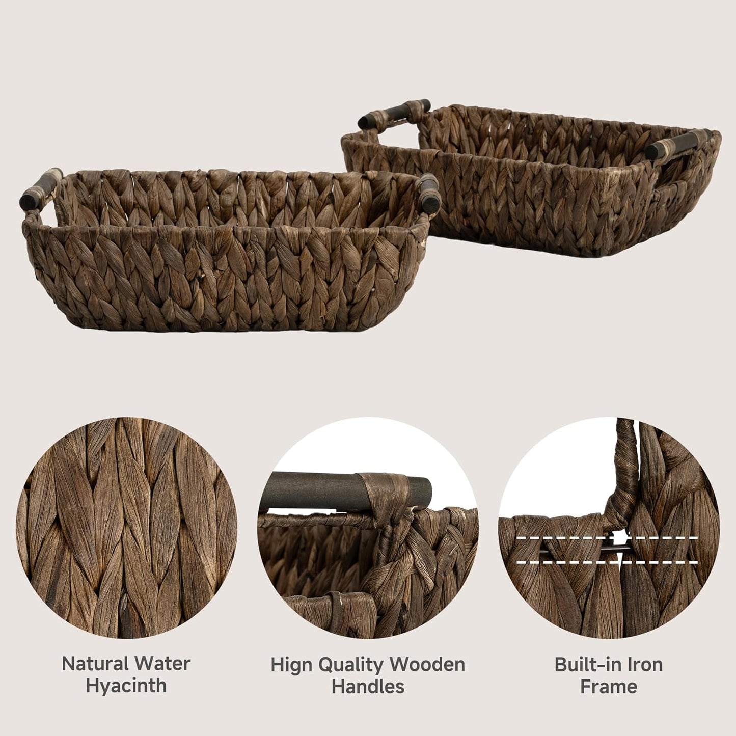 StorageWorks Hand-Woven Storage Baskets with Wooden Handles, Water Hyacinth Wicker Baskets for Organizing, 2 Pack