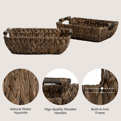 StorageWorks Hand-Woven Storage Baskets with Wooden Handles, Water Hyacinth Wicker Baskets for Organizing, 2 Pack