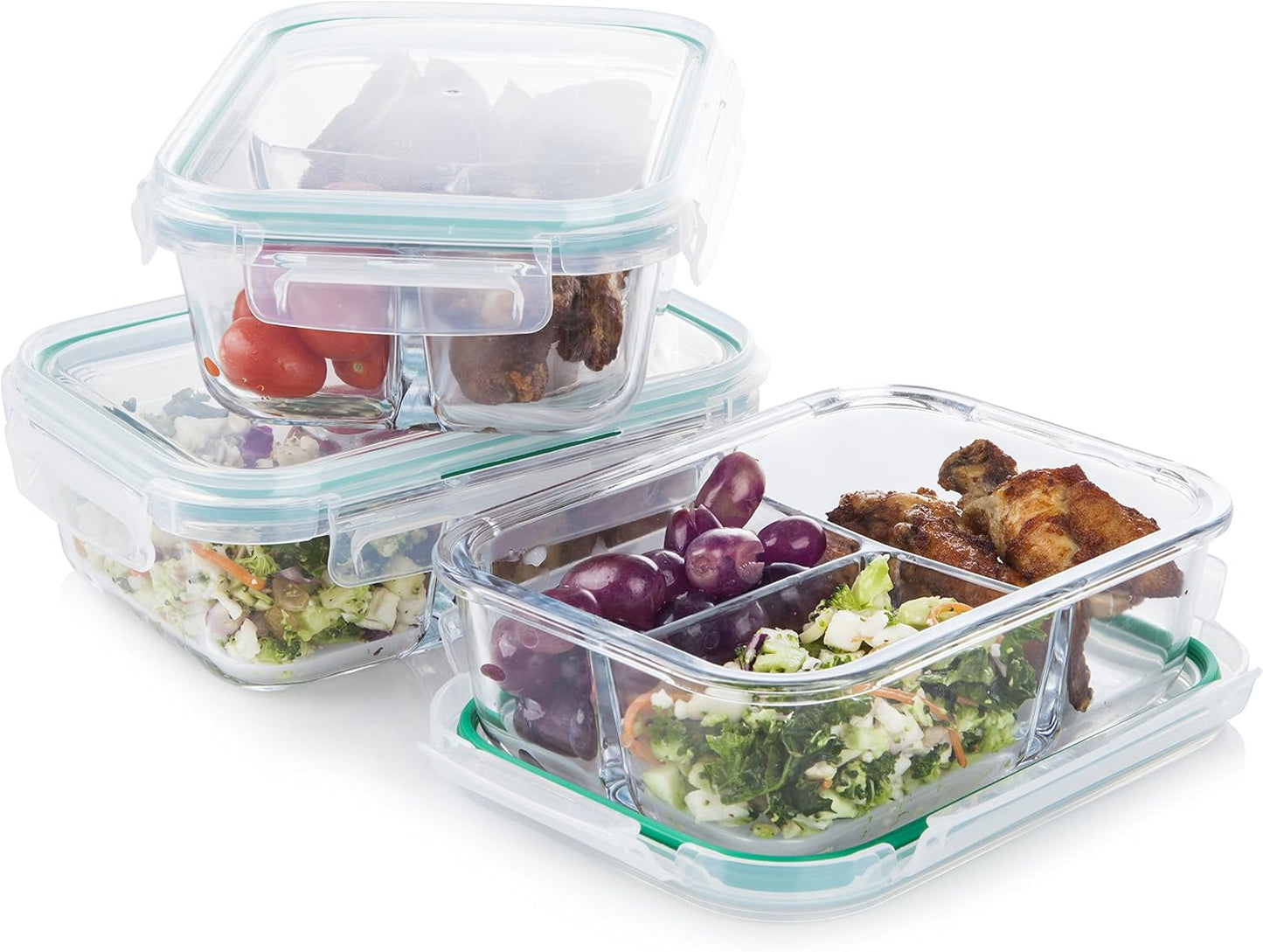 Glass Meal Prep Containers - 3-Compartment Glass Food Storage with Lids - Divided Lunch Containers - Bento Box