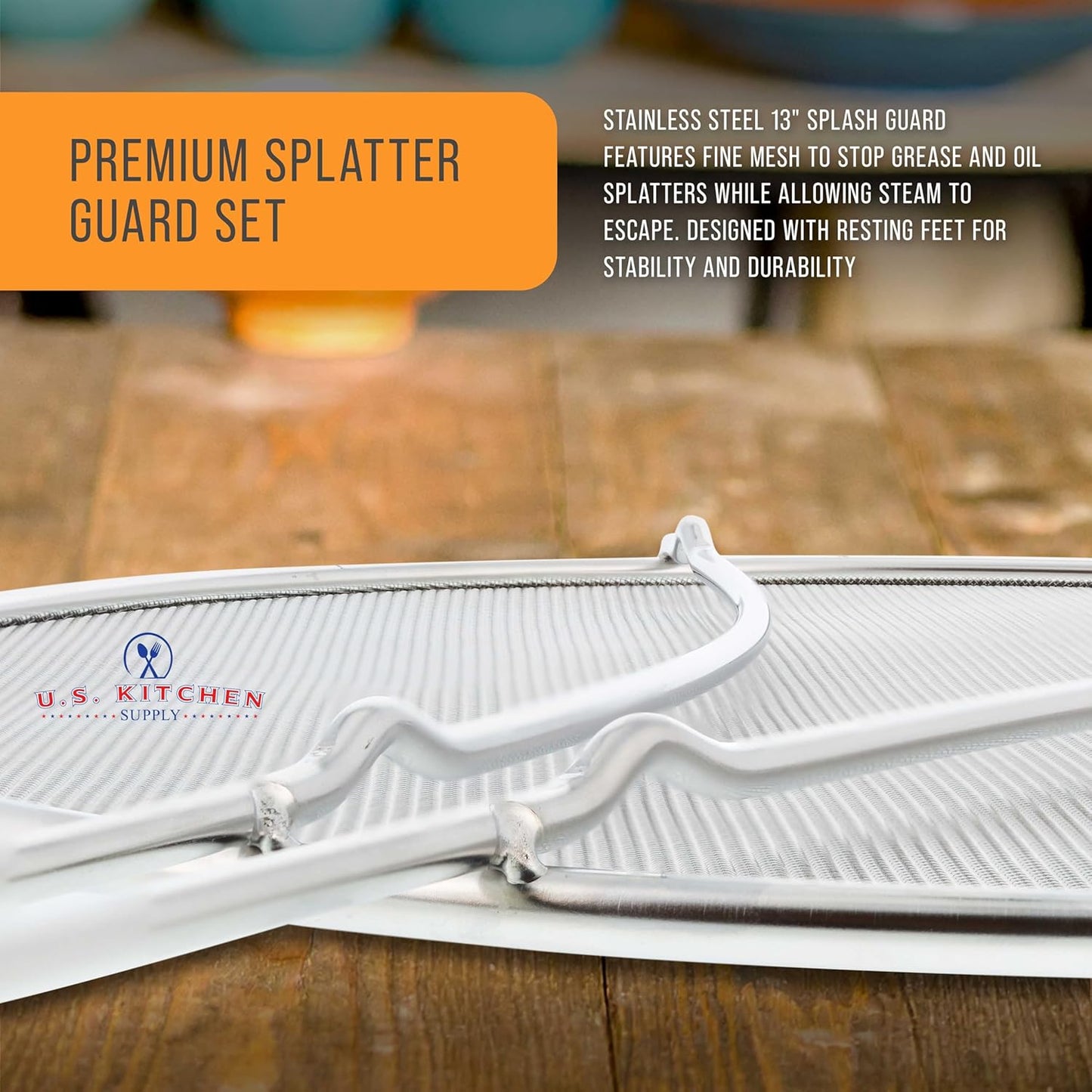 U.S. Kitchen Supply Set of 3 Stainless Steel Splatter Screen - 13", 11.5" & 9.5" Sizes - Fine Mesh Splatter Screen with Resting Feet Set, Grease Guard for Kitchen Pots and Pans