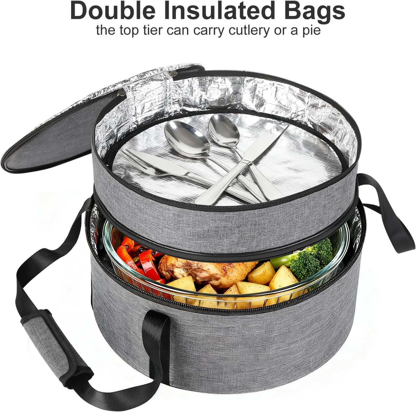 Insulated Casserole Carrier for Hot or Cold Food, Round Pie Carrier with Metal Support, Dish Carrier Food Container, Transport Pie Holders Pie Carrying Case, 2 Tiers, Gray