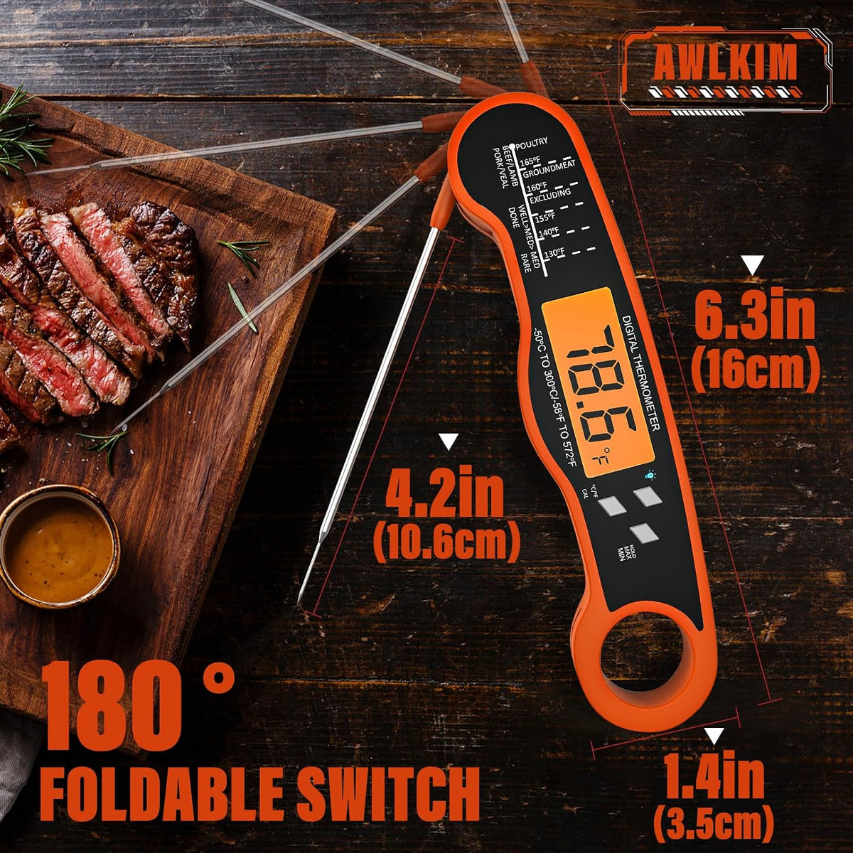AWLKIM Meat Thermometer Digital, Instant Read Food Thermometer, Red