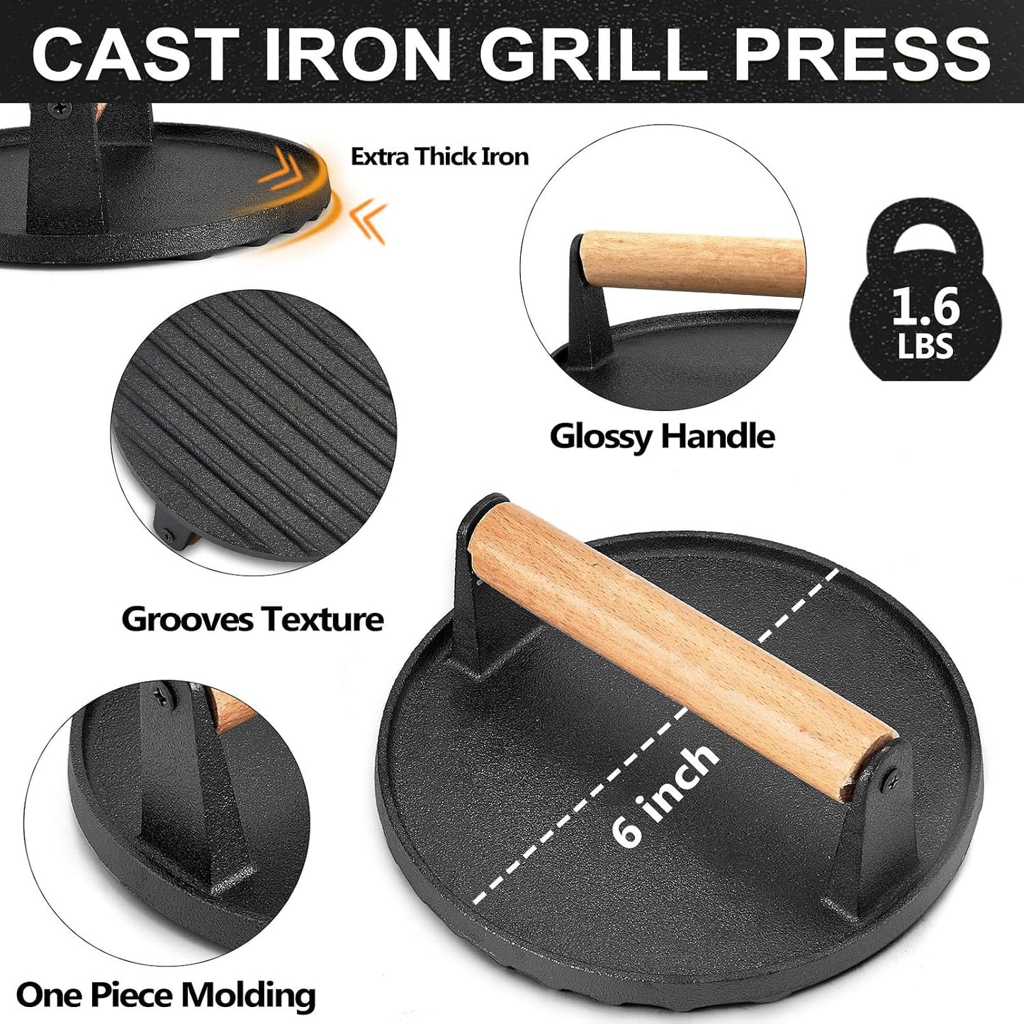6 Inch Griddle Basting Covers & Smash Burger Press (2 Lids+1 Press), Joyfair Small Cheese Melting Dome with Grill Press for Flattop BBQ Grilling Bacon Patty, Heavy Gauge Stainless Steel & Cast Iron