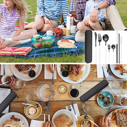 AARAINBOW 8 Pieces Stainless Steel Flatware Set Portable Reusable Cutlery Set Travel Utensils Set Including Chopsticks Knife Fork Spoon Straws Cleaning Brush Dishwasher Safe (Pink Golden)