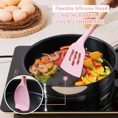 E-far Silicone Cooking Utensils Set, 5-Piece Kitchen Utensils Set with Wooden Handle for Cooking, Silicone Kitchen Nonstick Tools Spatula Turner Slotted Spoons, Nontoxic & Heat Resistant-Khaki