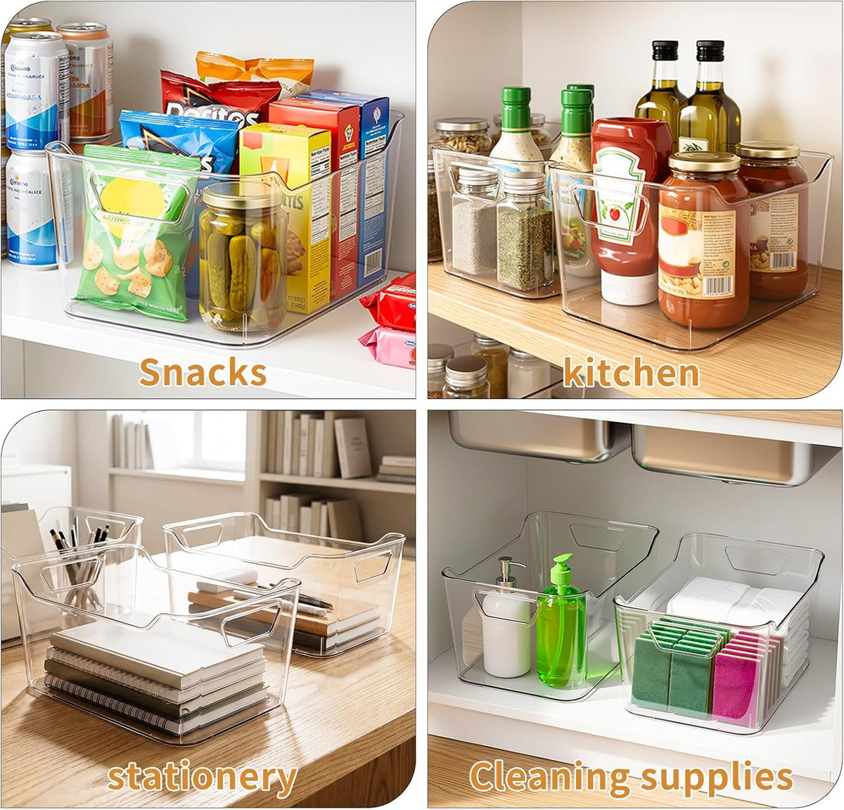 4 Pack Clear Storage Bins for Pantry Organization and Storage, Stackable Fridge Organizers with Built-in Handles, BPA Free Plastic Open Front Baskets for Kitchen Cabinet, Bathroom, Closet, and Toys