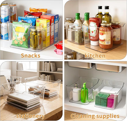 4 Pack Clear Storage Bins for Pantry Organization and Storage, Stackable Fridge Organizers with Built-in Handles, BPA Free Plastic Open Front Baskets for Kitchen Cabinet, Bathroom, Closet, and Toys