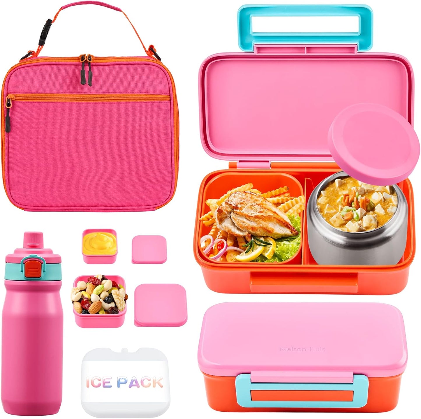 JXXM Bento Lunch Box for Kids With 8oz Thermo, Leakproof Bento Box with with 2 Compartments, Insulated Bottle, Lunch Bag, BPA Free Dishwasher Safe for School Girls Boys (Pink)