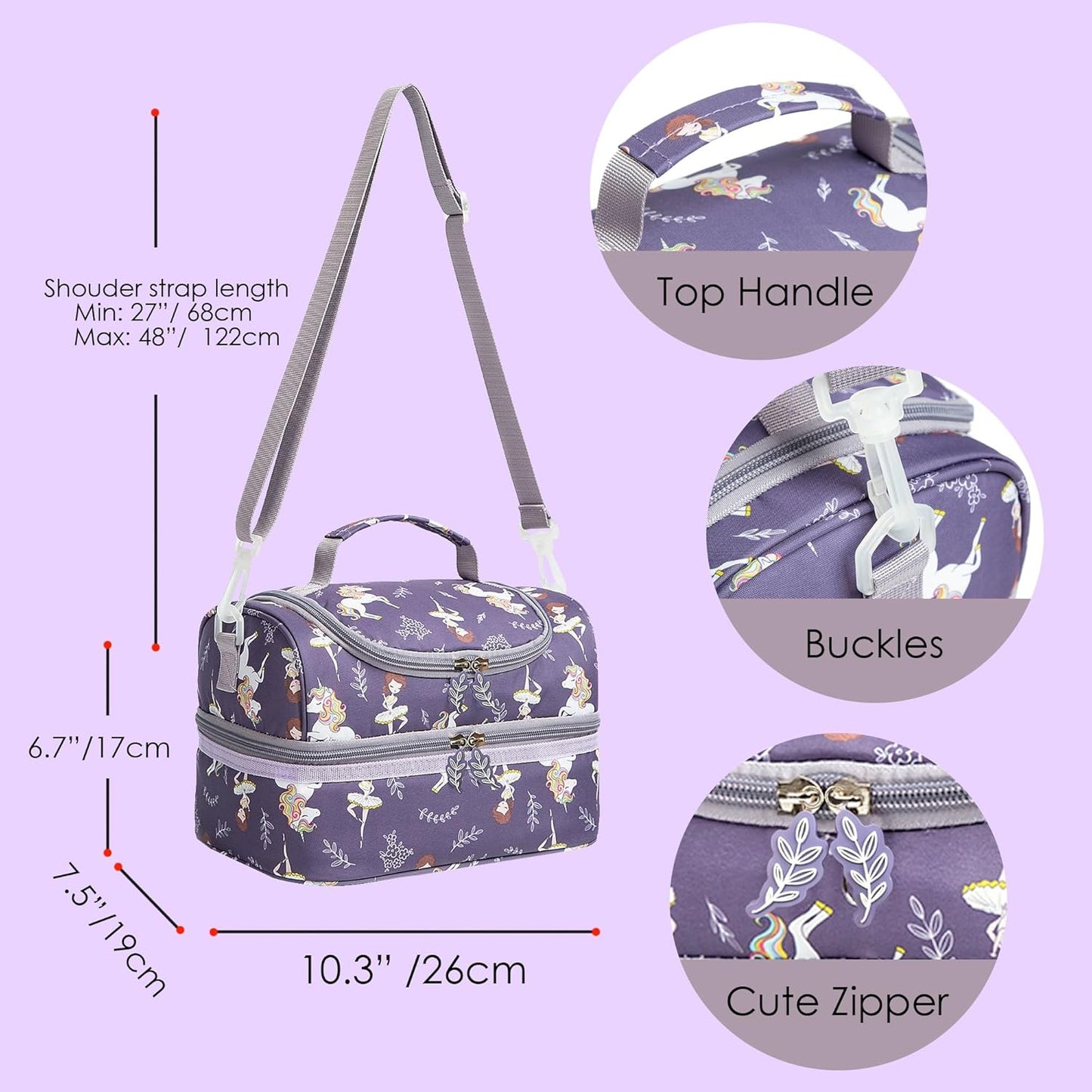 Insulated Kids Dual Compartment Lunch Bags Tote Pack for Girls Boys Toddler Kindergarten School Picnic Cooler Thermal Lunch Boxes with Strap (Green Rainbow)